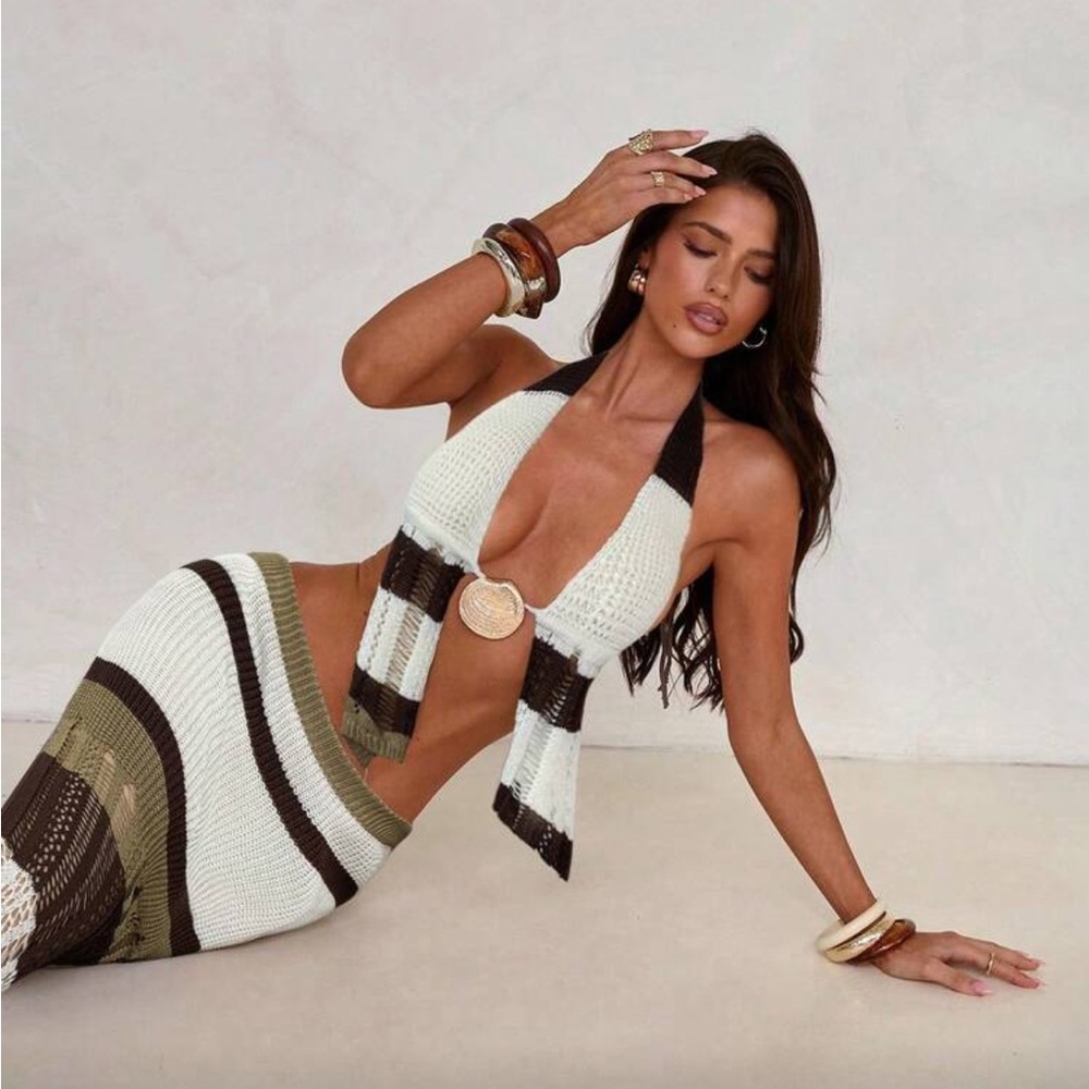 Chic Crochet Halter Top and Skirt Set